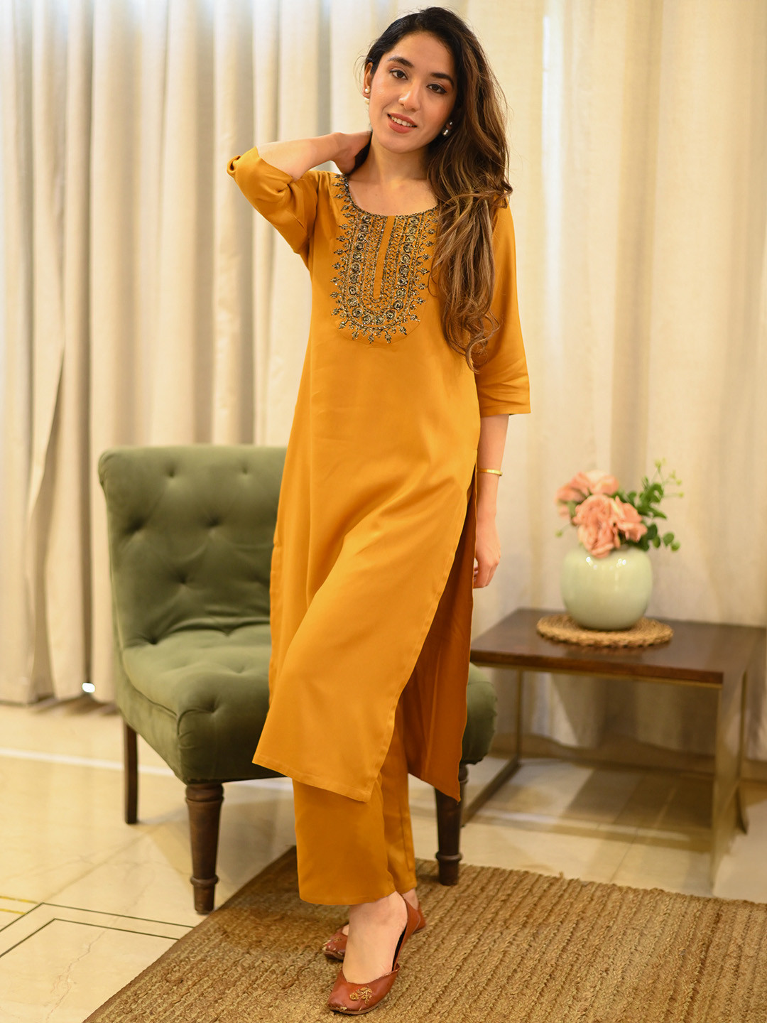 

Libas Women Floral Yoke Design Regular Kurta with Trousers, Mustard