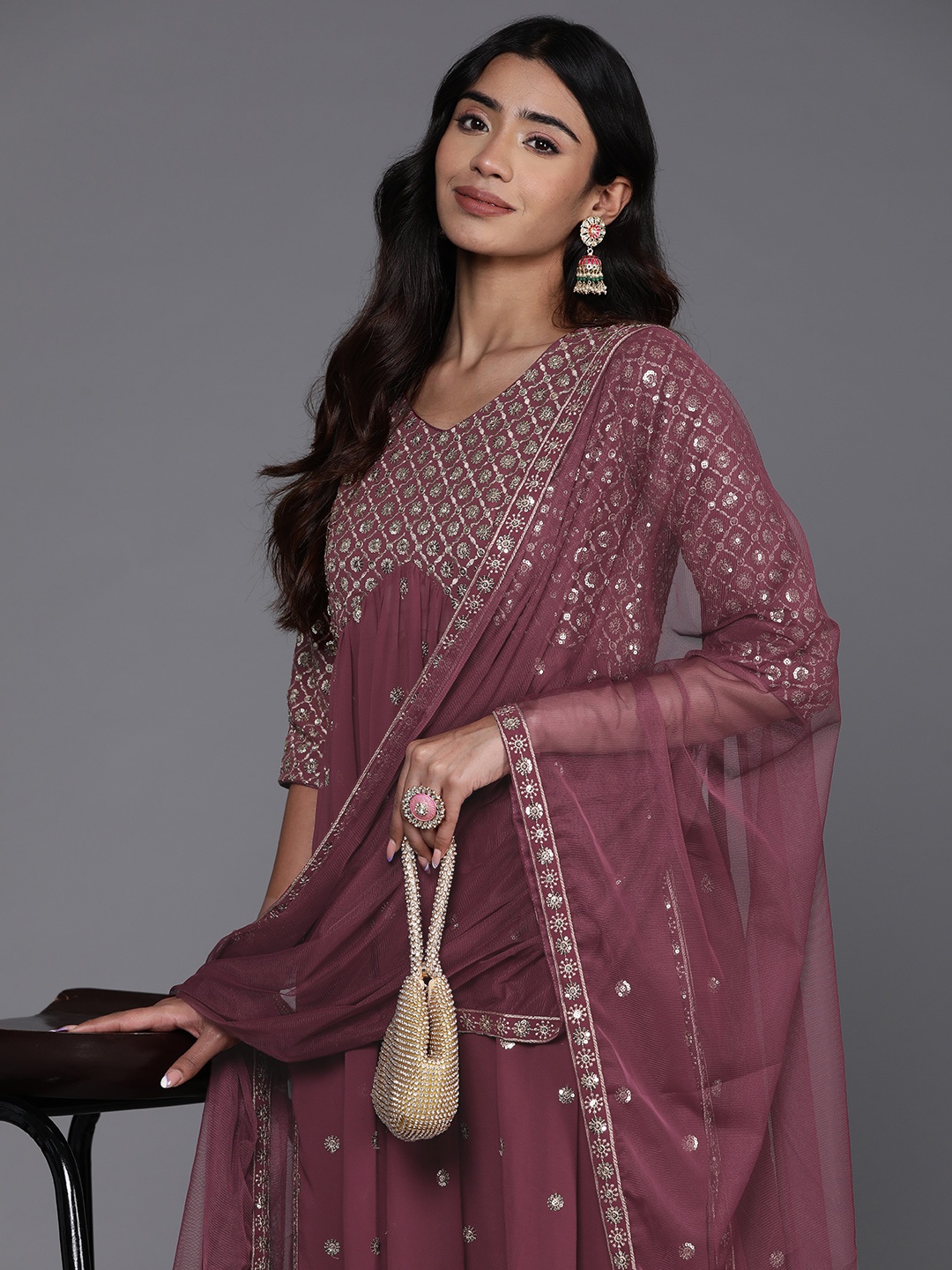 

Libas Women Floral Embroidered High Slit Sequinned Kurta with Palazzos & Dupatta, Mauve