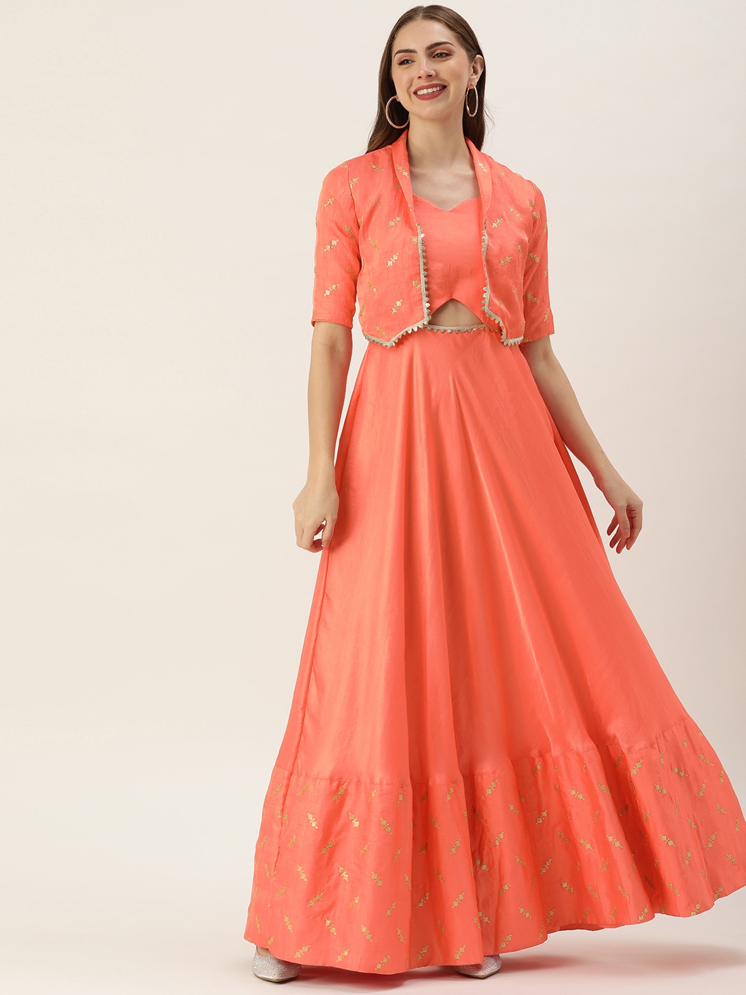 

Ethnovog Sequinned Cut Out Gown with Jacket, Peach