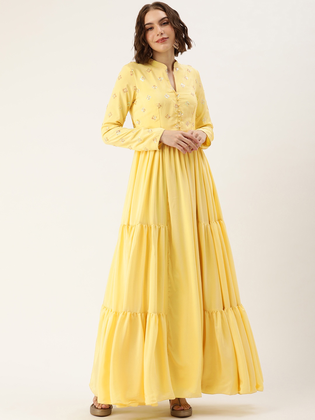 

Ethnovog Embellished Embroidered Sequined Gown Dress, Yellow
