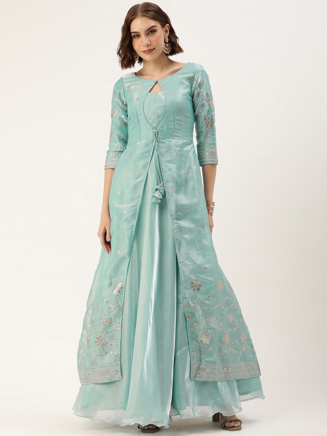 

Ethnovog Floral Embroidered Layered Gown Dress, Green