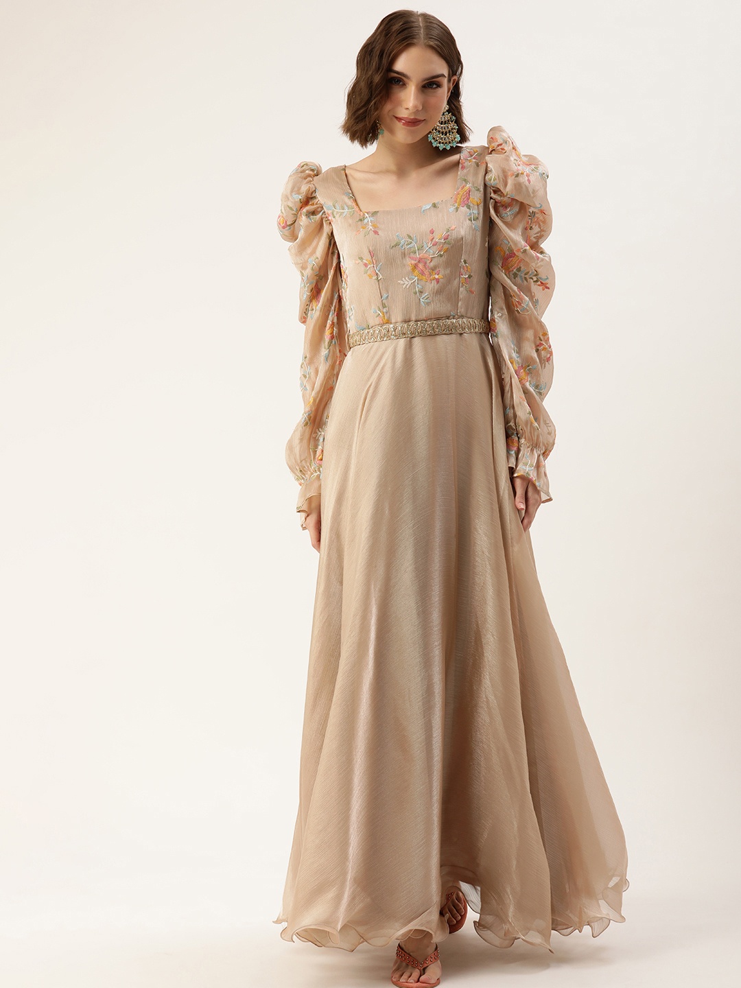 

Ethnovog Floral Embroidered Puff Sleeves Gown, Taupe