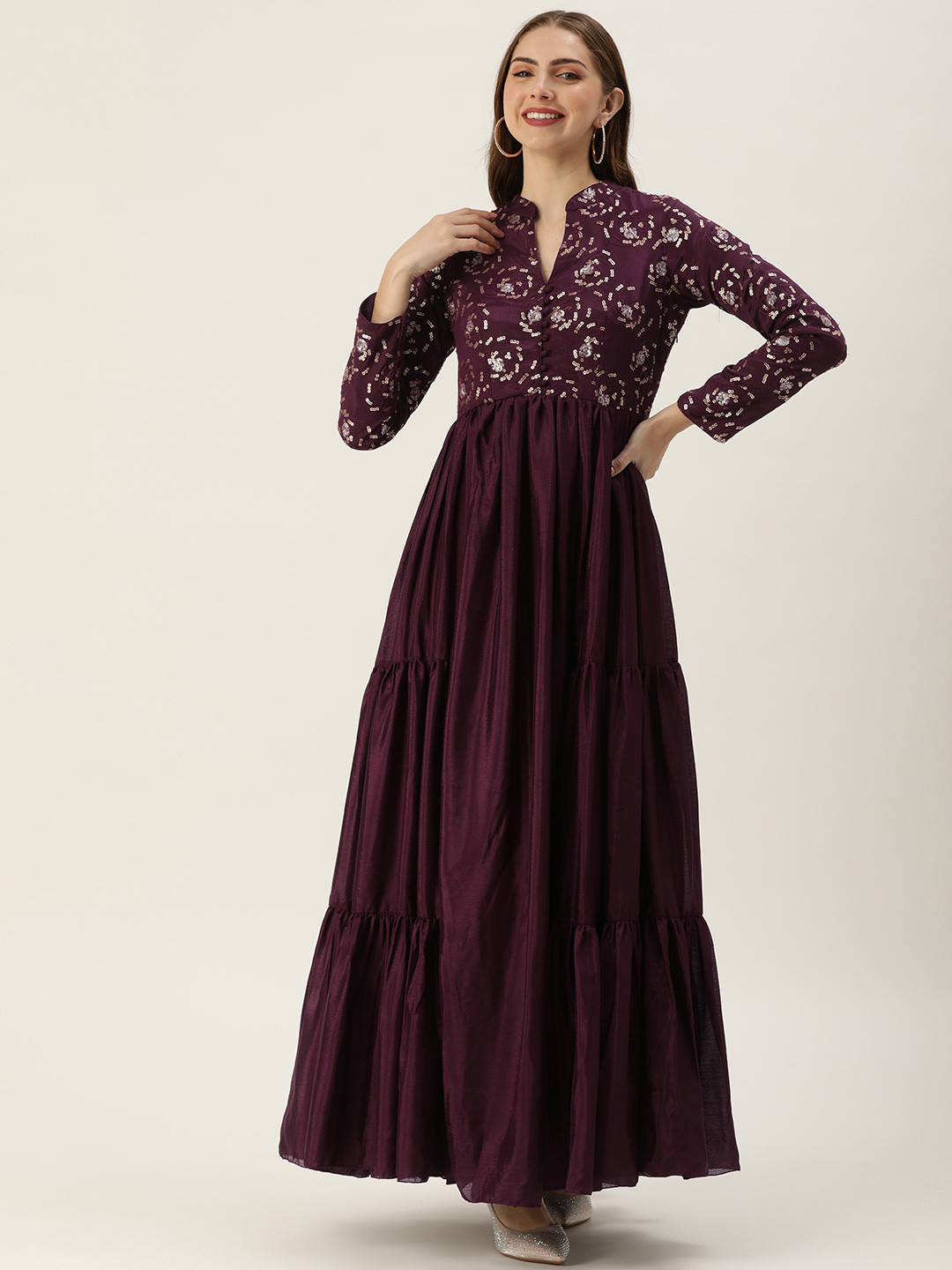 

Ethnovog Sequinned Mandarin Collar Georgette Gown, Purple