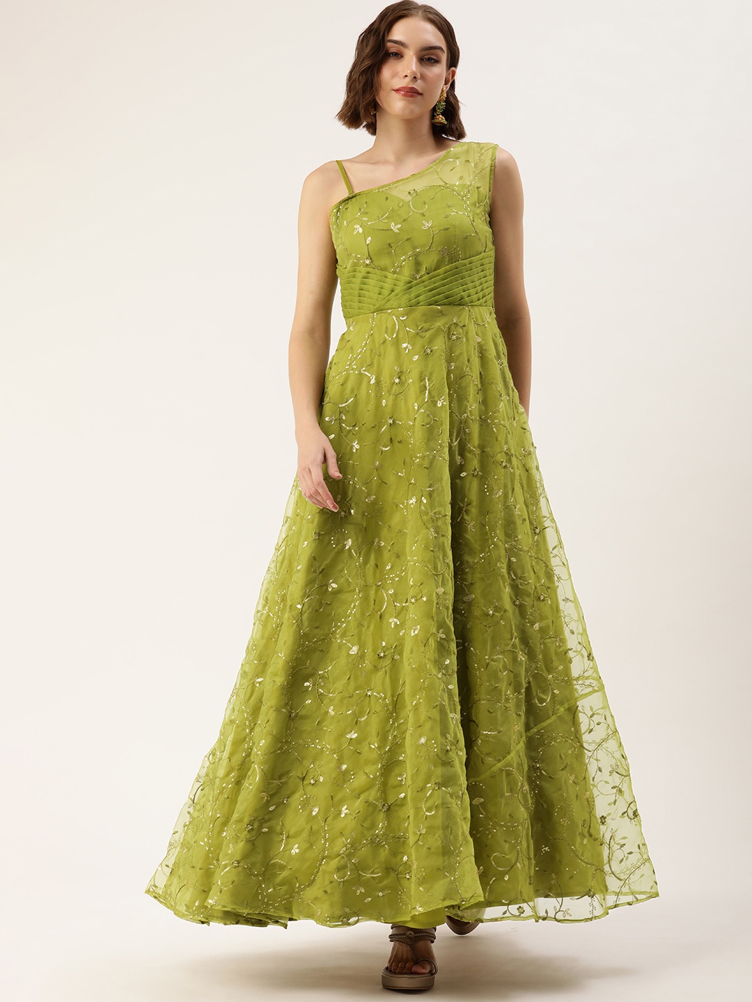 

Ethnovog Floral Embroidered Sequinned Gown, Green