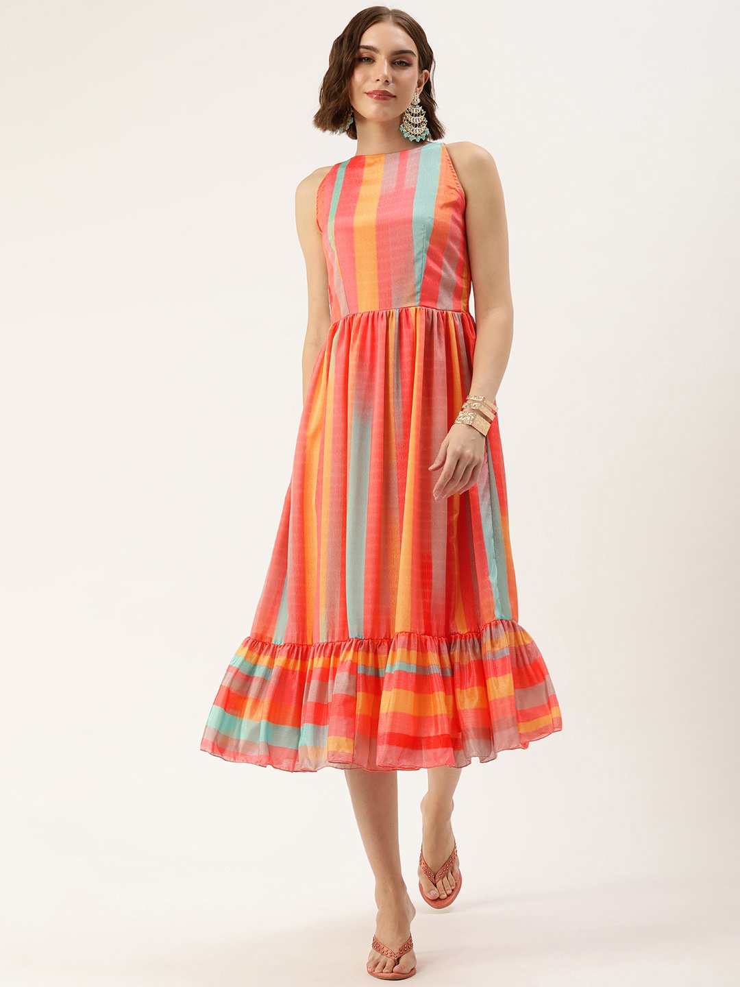 Ethnovog Striped Boat Neck Fit & Flare Midi Dress, Multi
