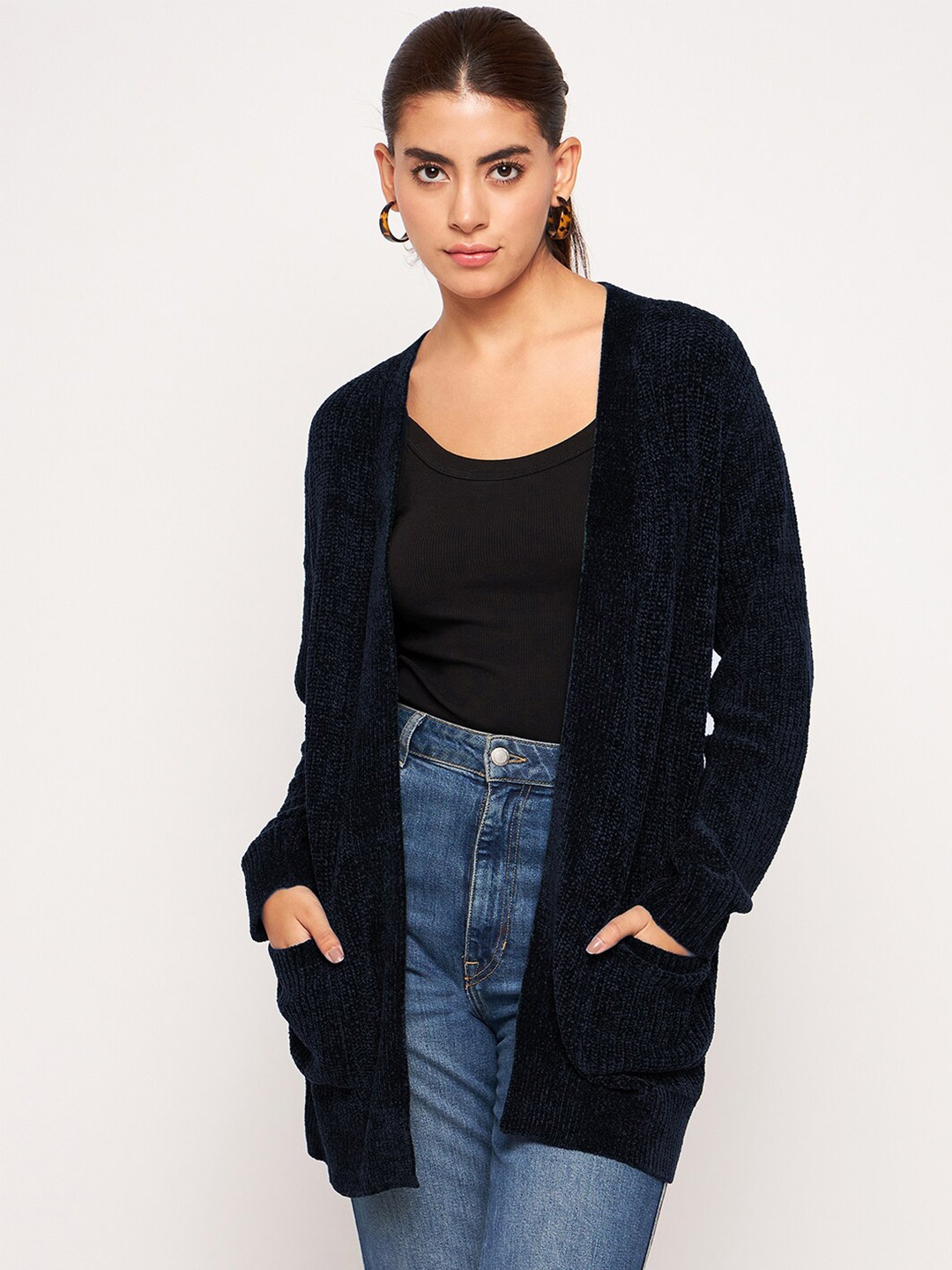 

Camey Open Front Woollen Longline Shrug, Navy blue