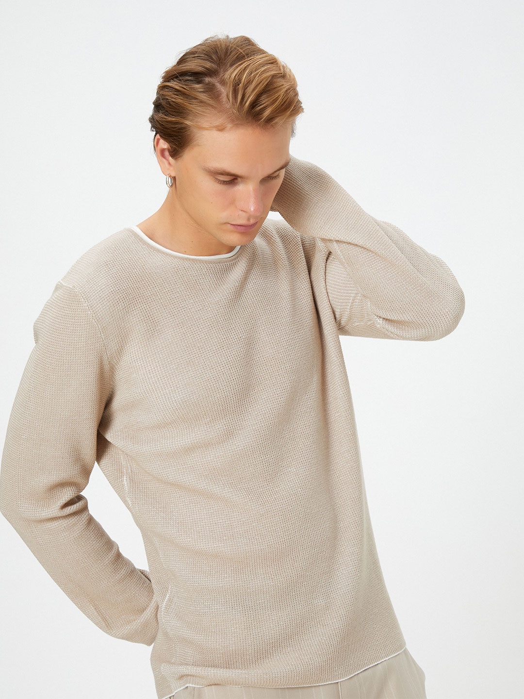 

Koton Round Neck Long Sleeve Acrylic & Cotton Pullover Sweater, Beige