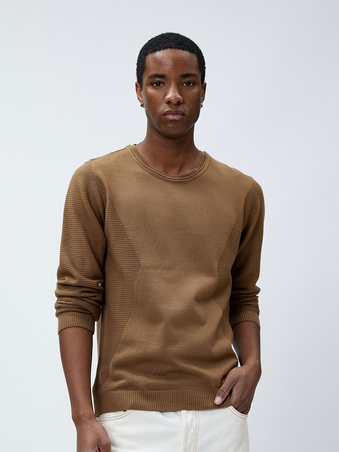 

Koton Striped Round Neck Long Sleeve Acrylic Pullover Sweater, Brown