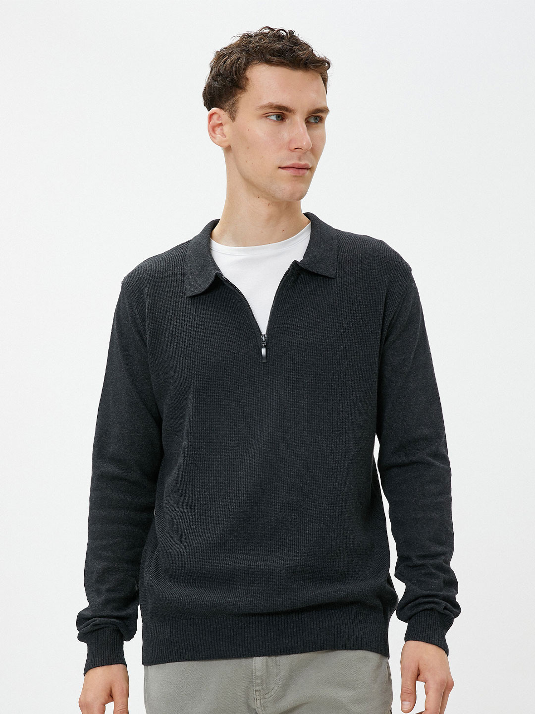 

Koton Ribbed Spread Collar Pullover, Black