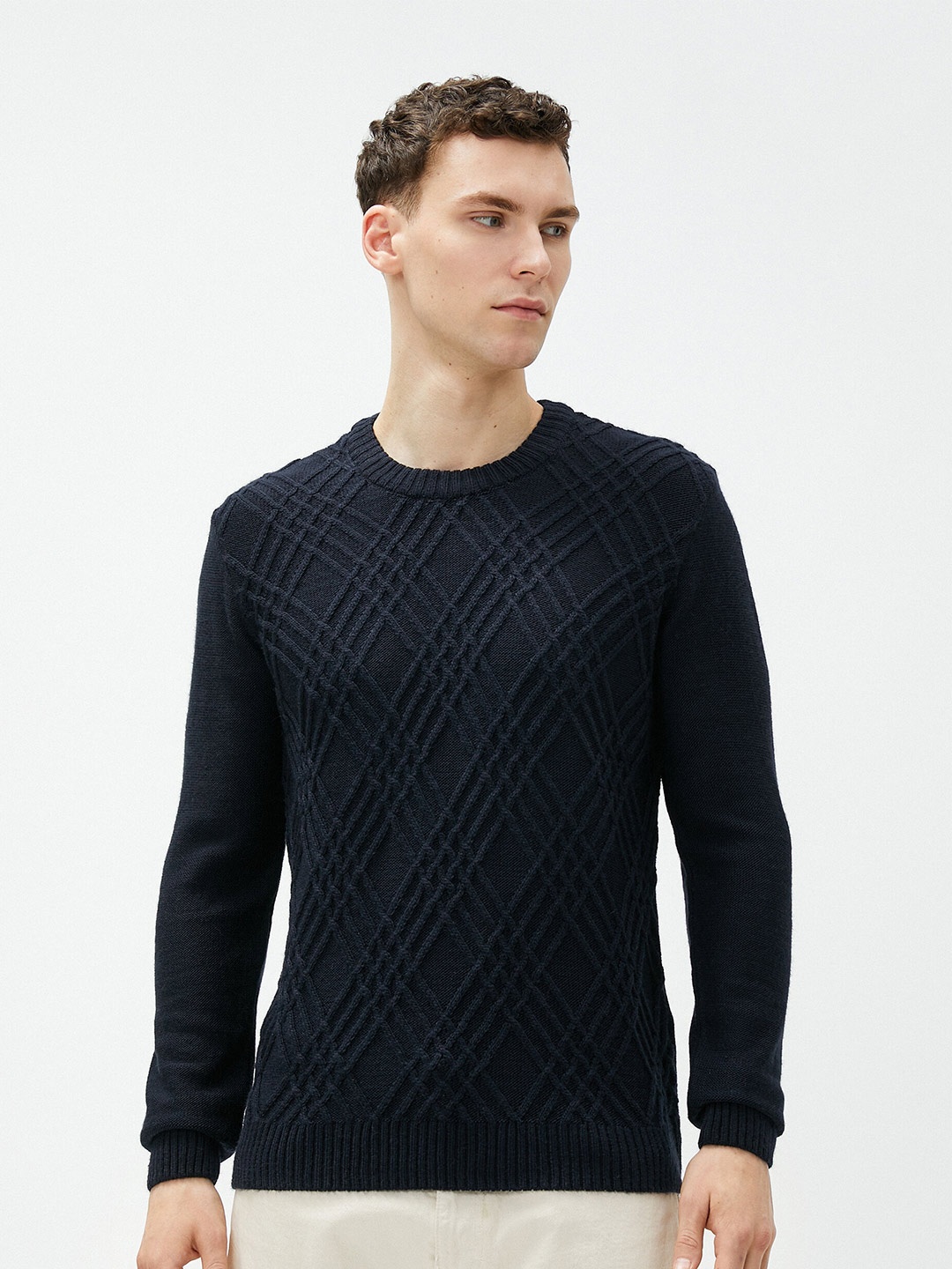 

Koton Self Design Cable Knit Ribbed Pullover, Navy blue