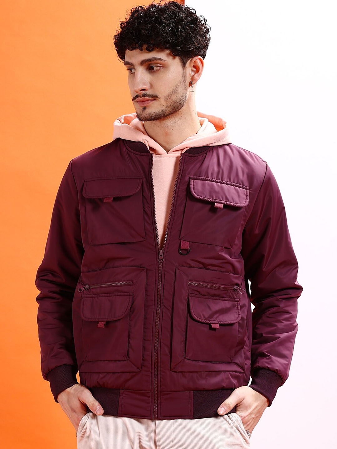 

The Indian Garage Co Men Solid Regular Fit Varsity Bomber Jacket, Burgundy