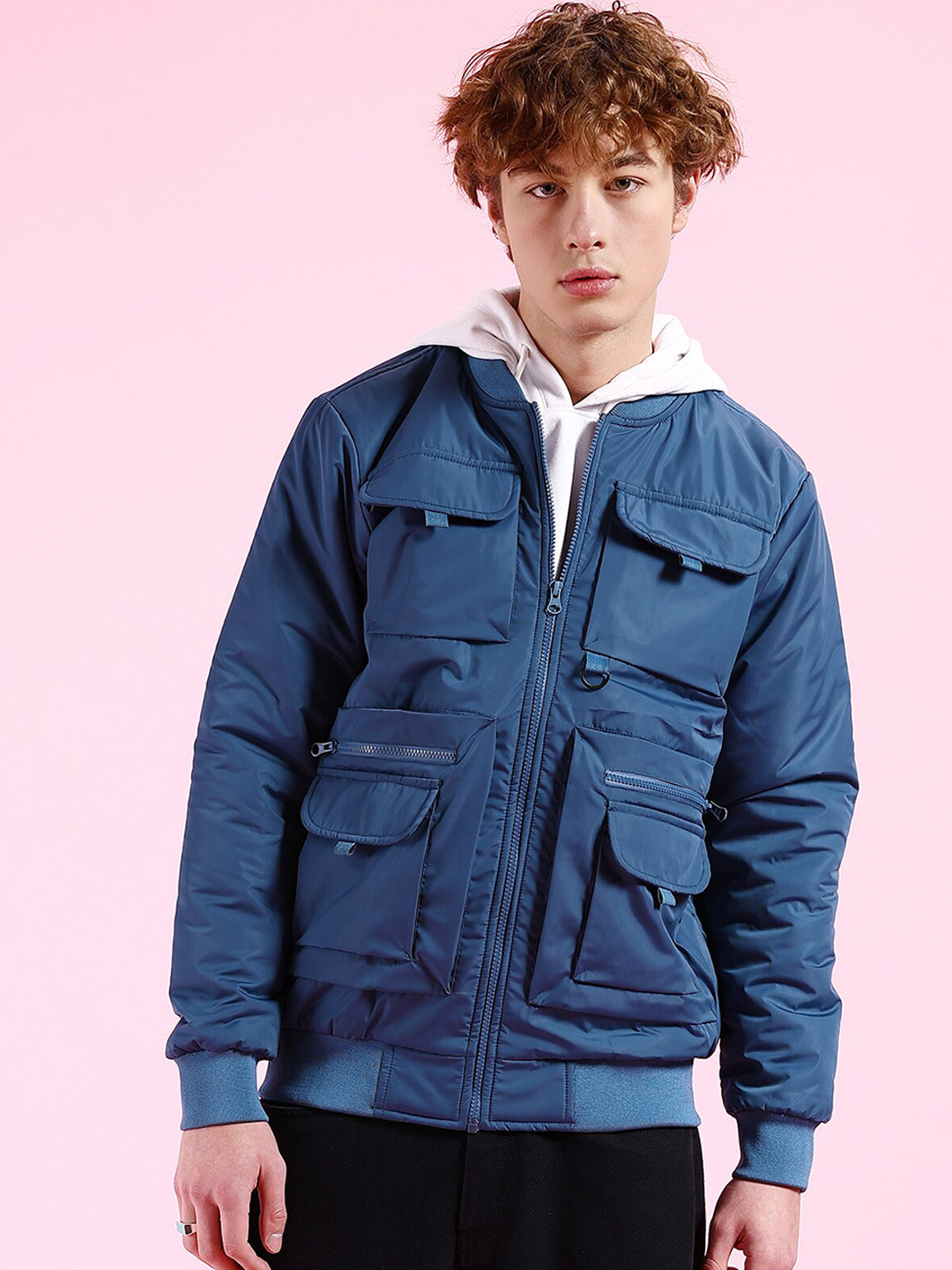 

The Indian Garage Co Men Solid Regular Fit Varsity Bomber Jacket, Blue