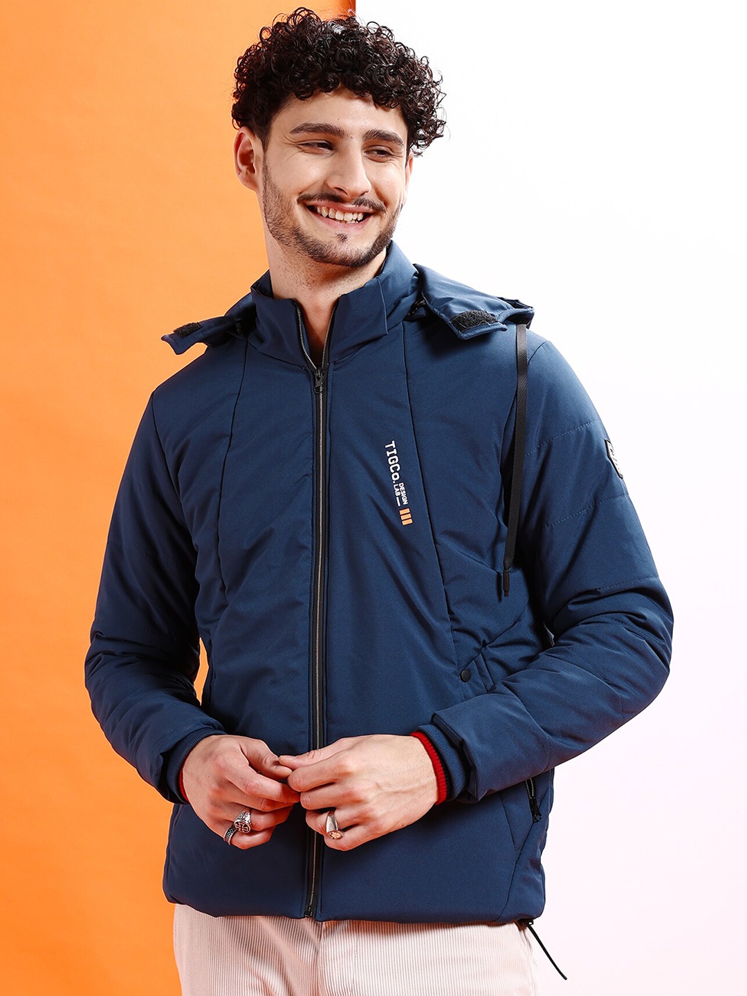 The Indian Garage Co Men Colourblock Hooded Puffer Jacket, Blue