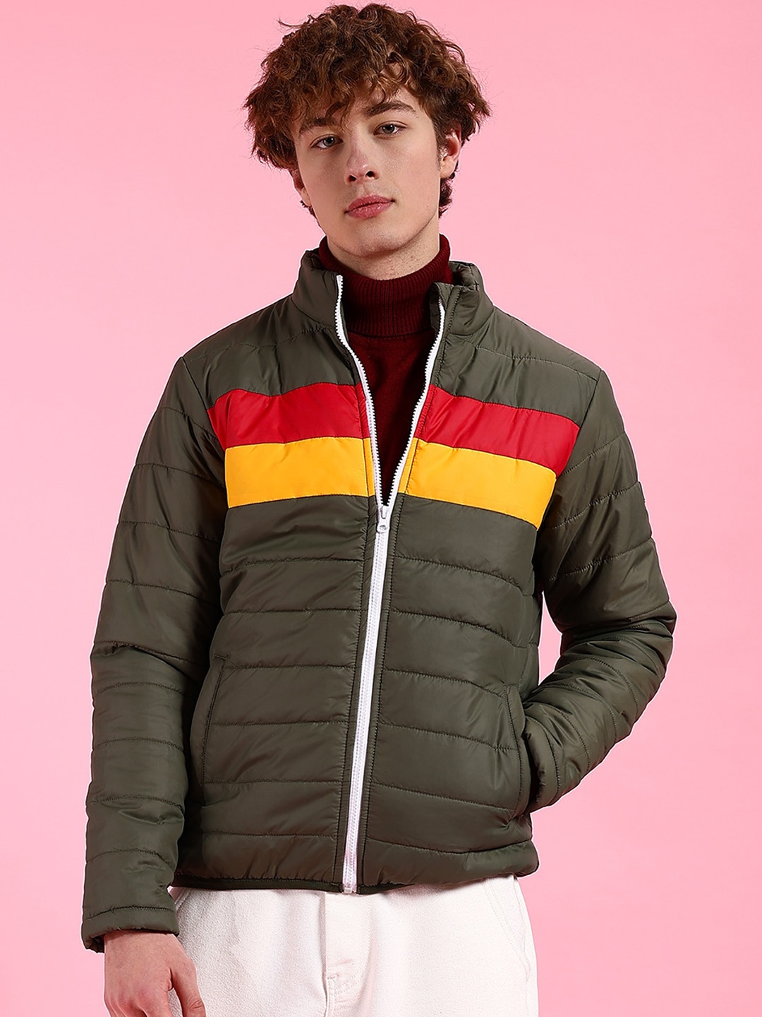 

The Indian Garage Co Men Colourblock Regular Fit Puffer Jacket, Olive
