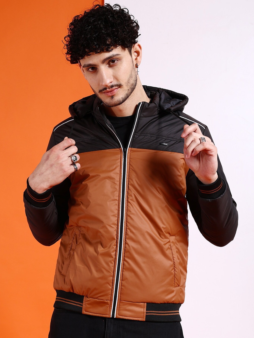 

The Indian Garage Co Men Tan Colourblocked Outdoor Padded Jacket with Patchwork