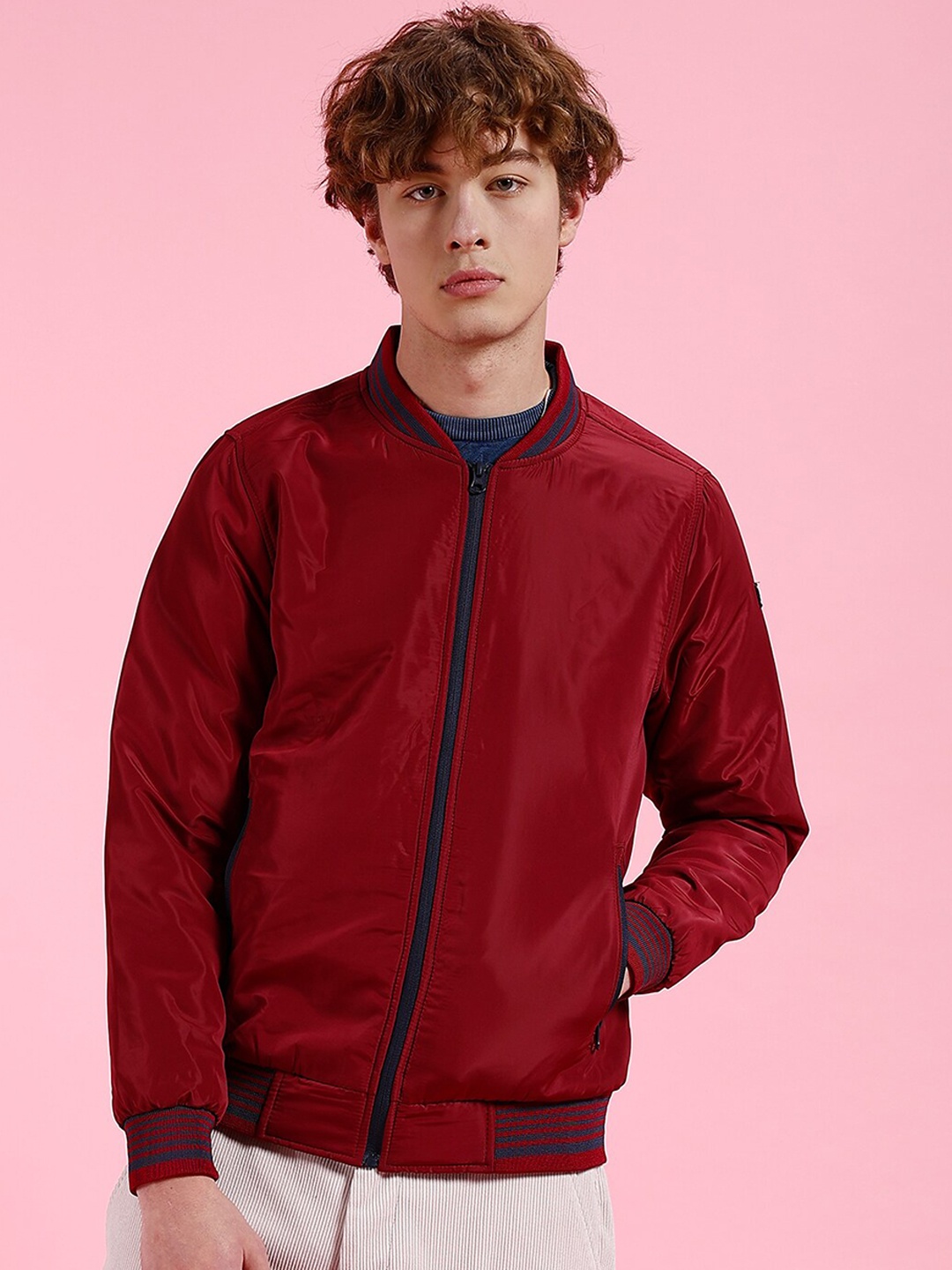 

The Indian Garage Co Men Maroon Colourblocked Longline Outdoor Bomber Jacket