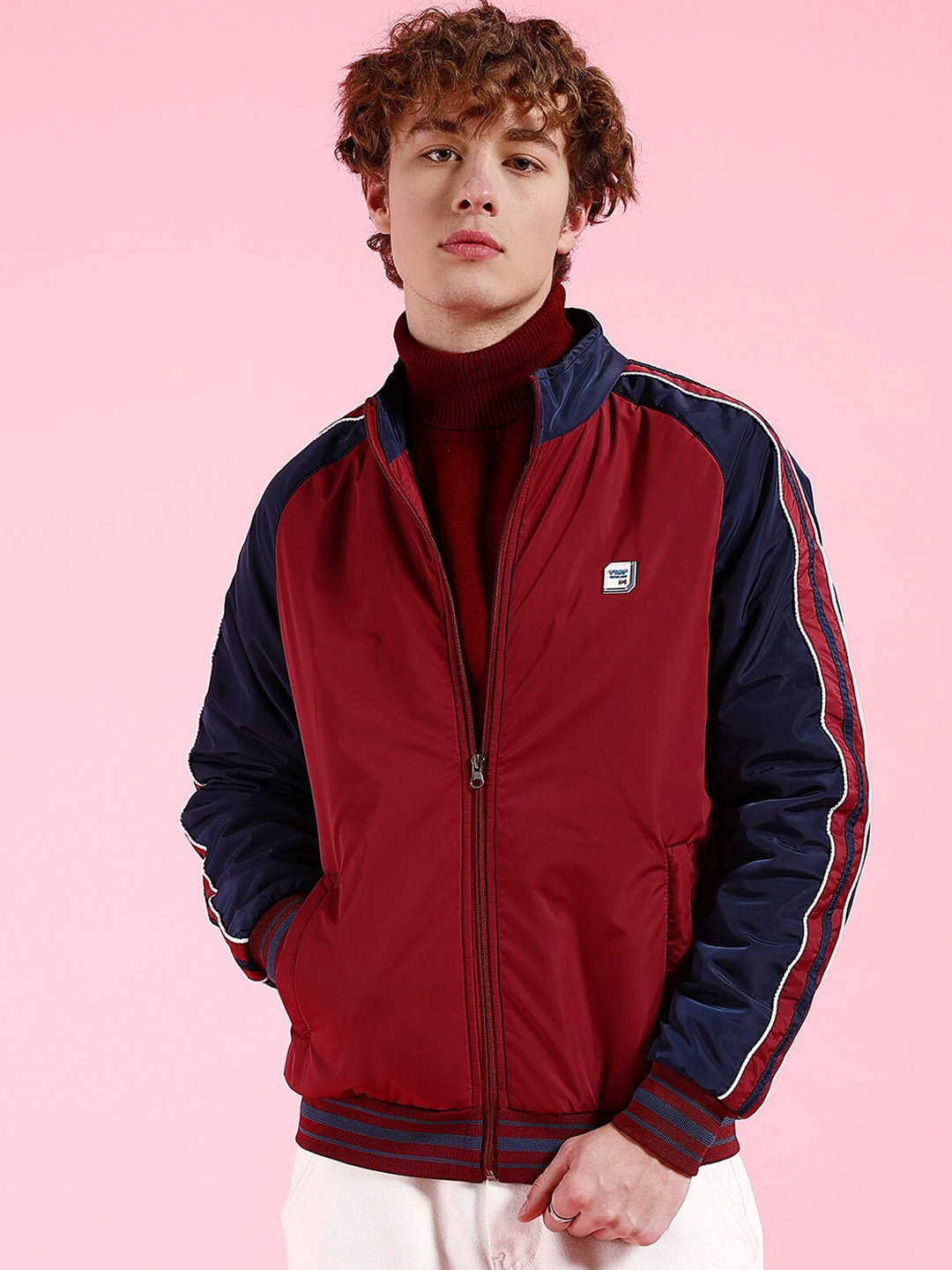 

The Indian Garage Co Men Maroon Colourblocked Crop Outdoor Sporty Jacket with Patchwork
