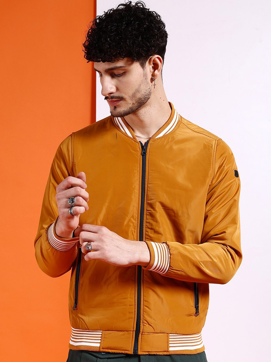 

The Indian Garage Co Men Solid Regular Fit Bomber Jacket, Mustard