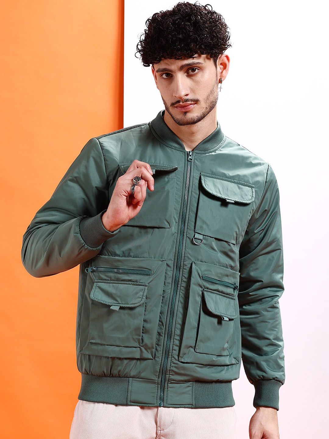

The Indian Garage Co Men Solid Regular Fit Varsity Bomber Jacket, Green