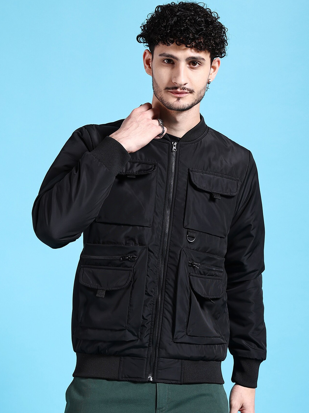 

The Indian Garage Co Men Solid Regular Fit Varsity Bomber Jacket, Black