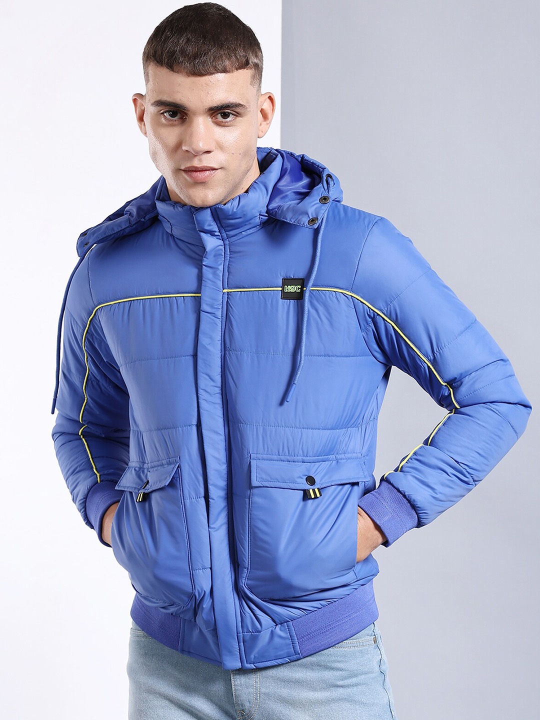 

The Indian Garage Co Men Regular Fit Puffer Jacket with Detachable Hood, Blue