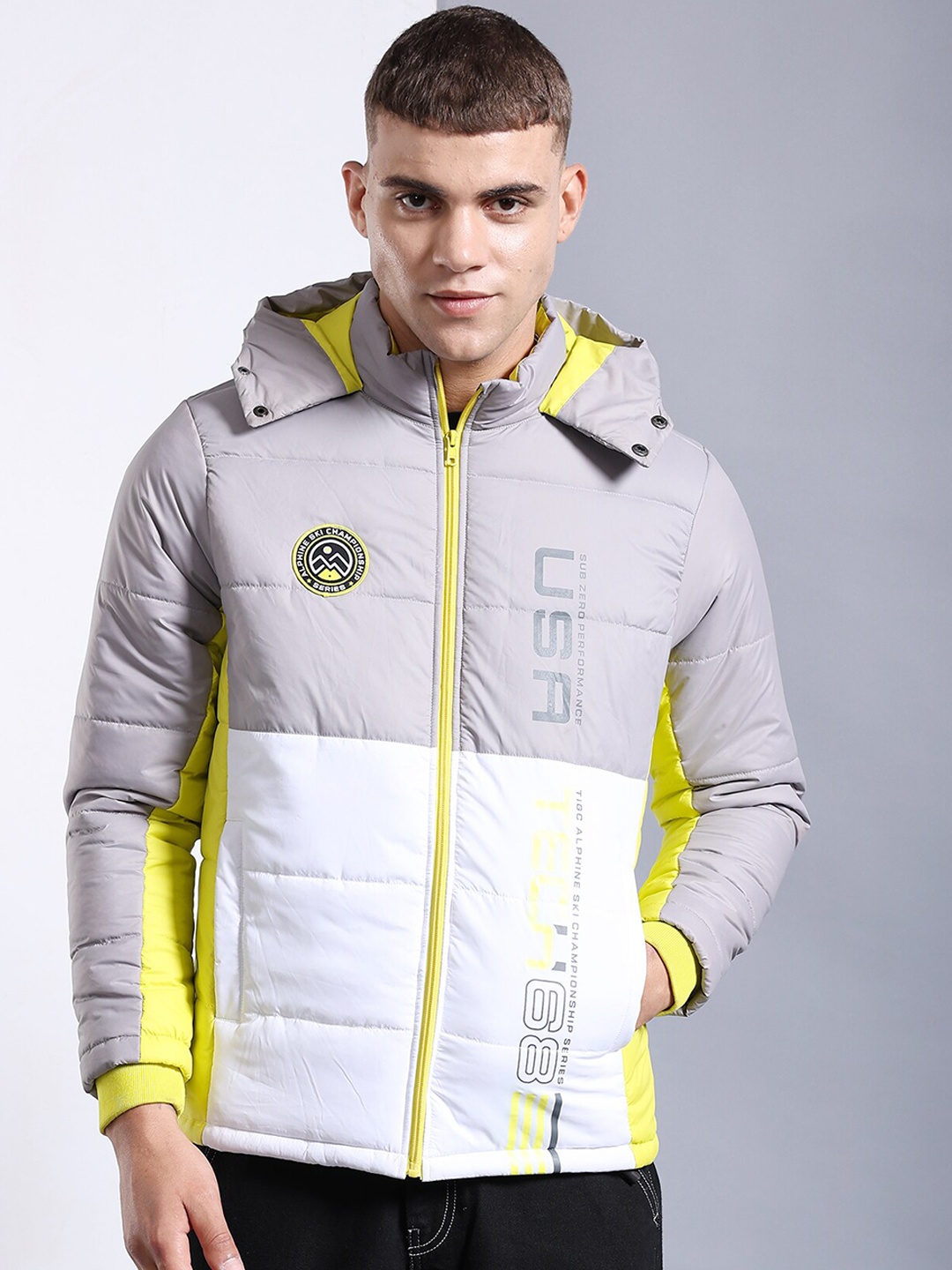 

The Indian Garage Co Men Grey Outdoor Bomber with Patchwork Jacket