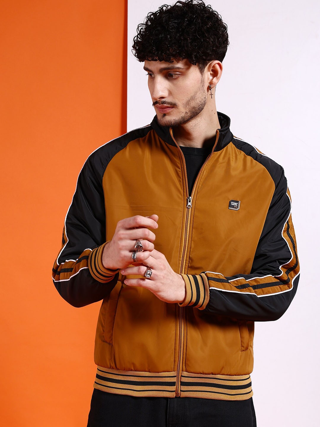 

The Indian Garage Co Men Mustard Colourblocked Crop Outdoor Sporty Jacket with Embroidered