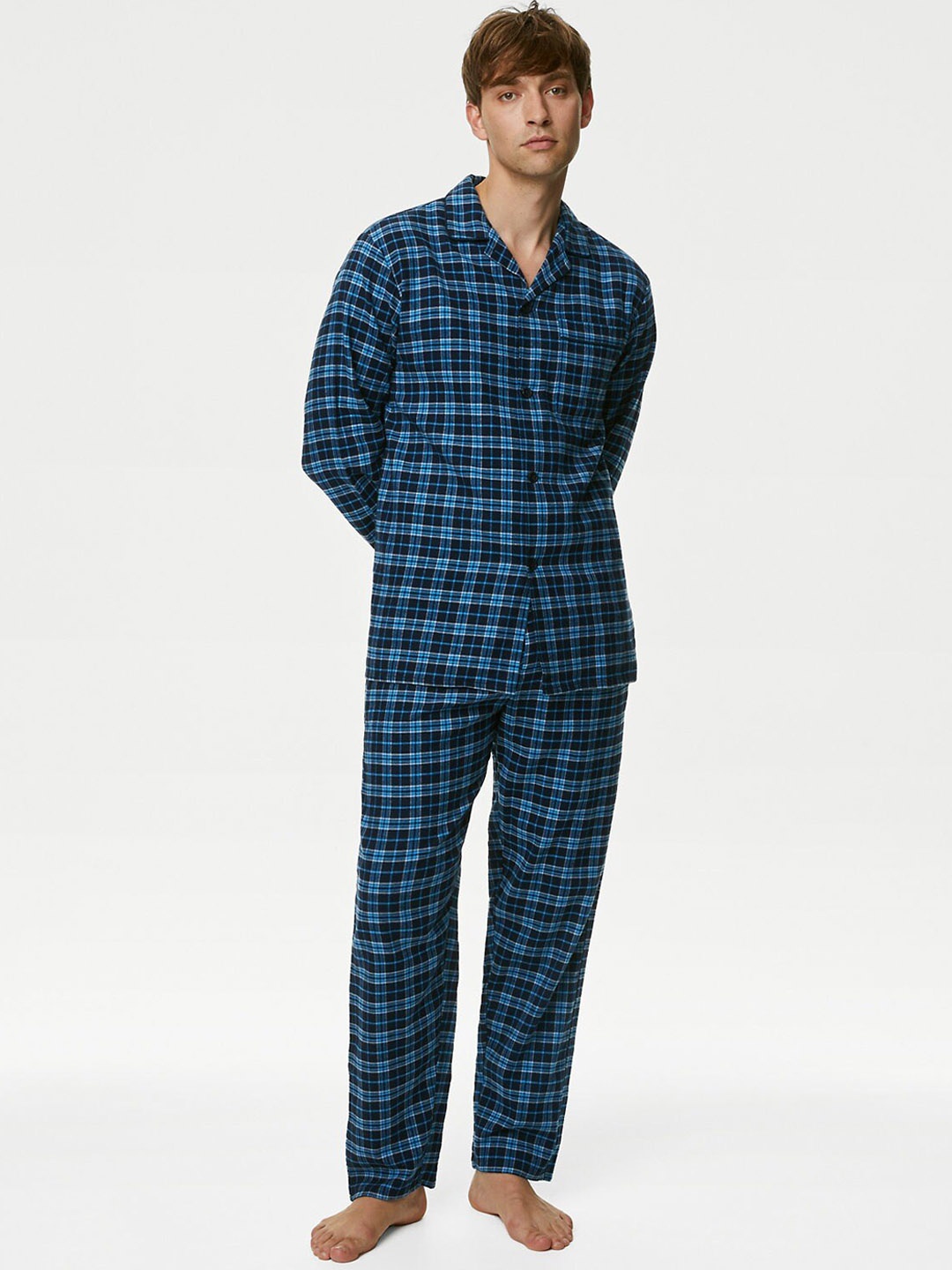 

Marks & Spencer Checked Pure Cotton Shirt & Lounge Pants, Navy blue