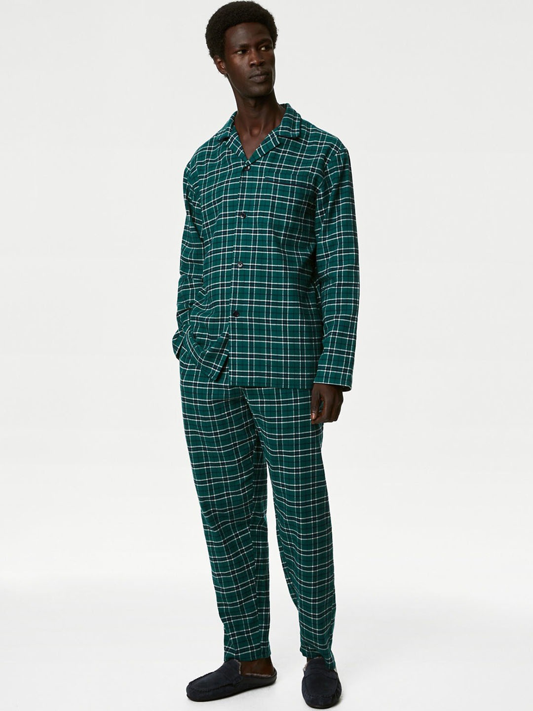 

Marks & Spencer Checked Lapel Collar Pure Cotton Shirt & Lounge Pants, Green