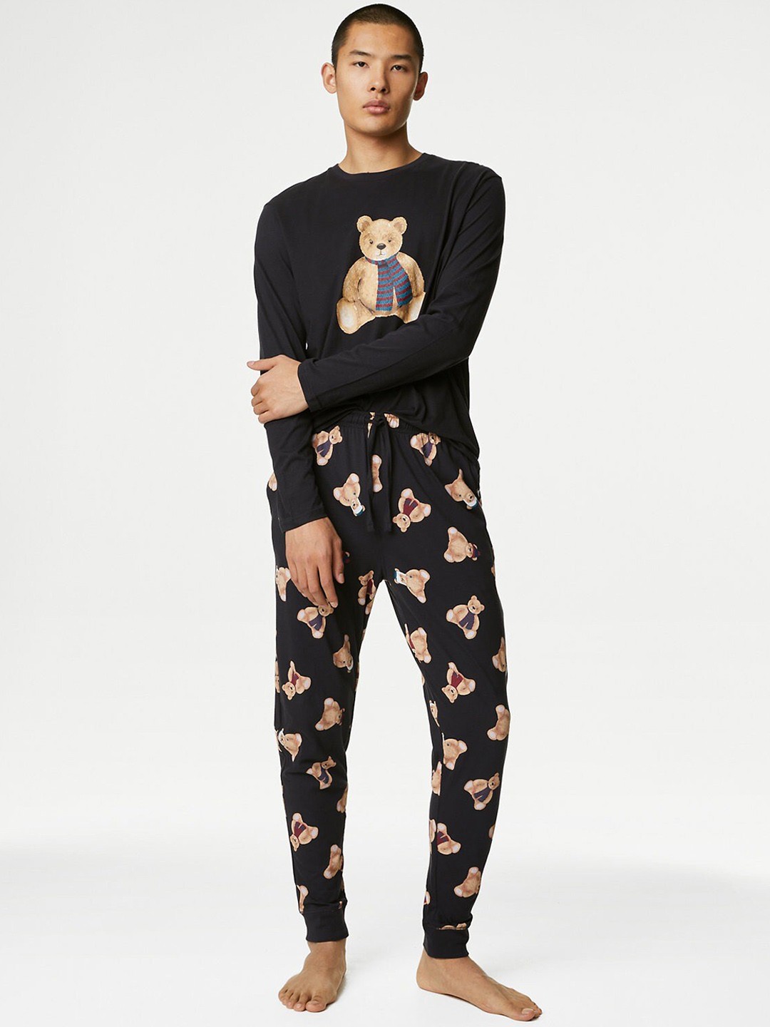 

Marks & Spencer Graphic Printed Long Sleeves Pure Cotton T-Shirt & Lounge Pants, Black
