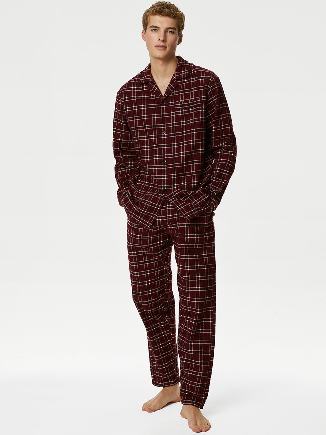 

Marks & Spencer Checked Pure Cotton Shirt & Lounge Pants, Burgundy