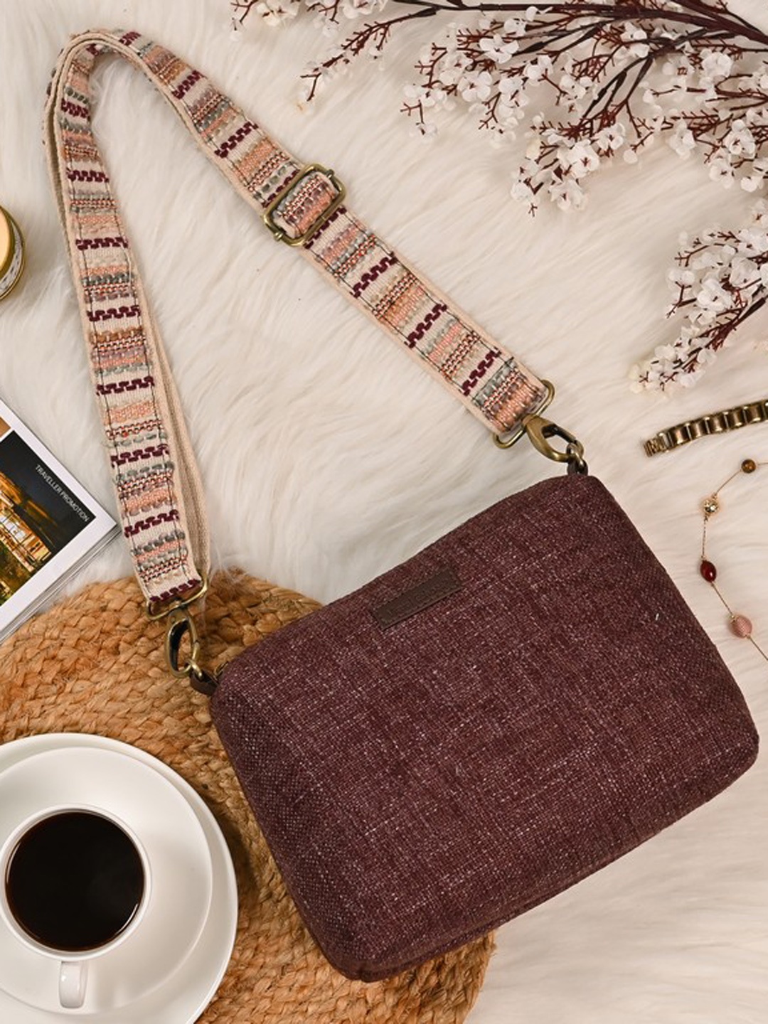 

Visual Echoes Brown Structured Sling Bag with Quilted