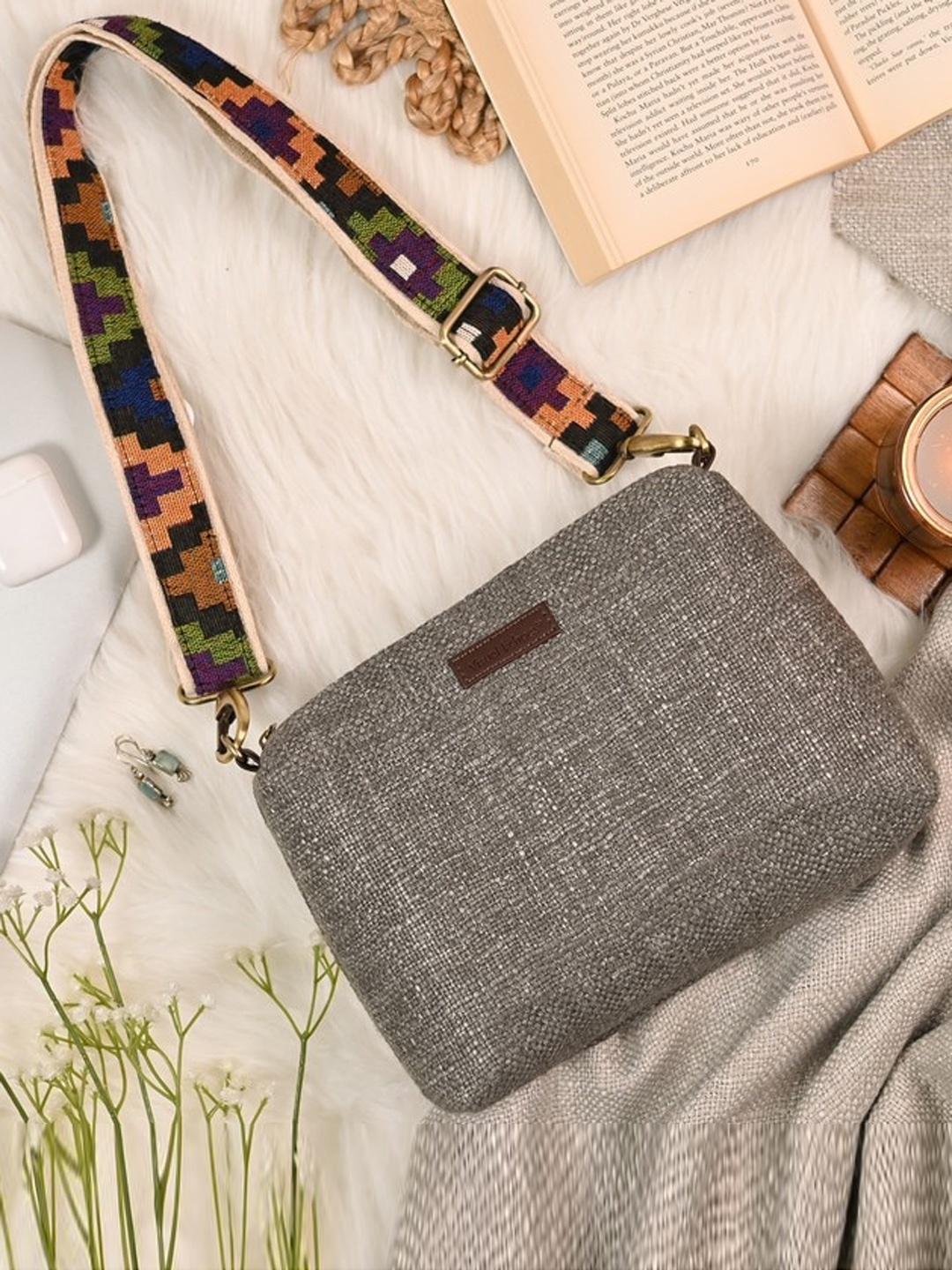 

Visual Echoes Grey Textured Structured Handheld Bag
