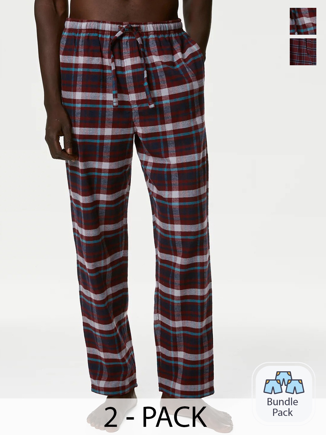 

Marks & Spencer Men Pack Of 2 Checked Pure-Cotton Lounge Pants, Burgundy