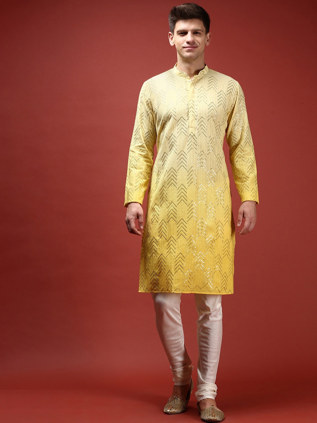 

KISAH Sequinned Embroidered Kurta with Churidar, Yellow