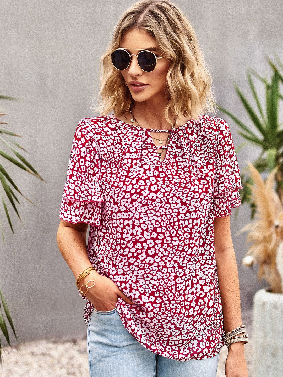 

StyleCast Red Print Styled Back Top