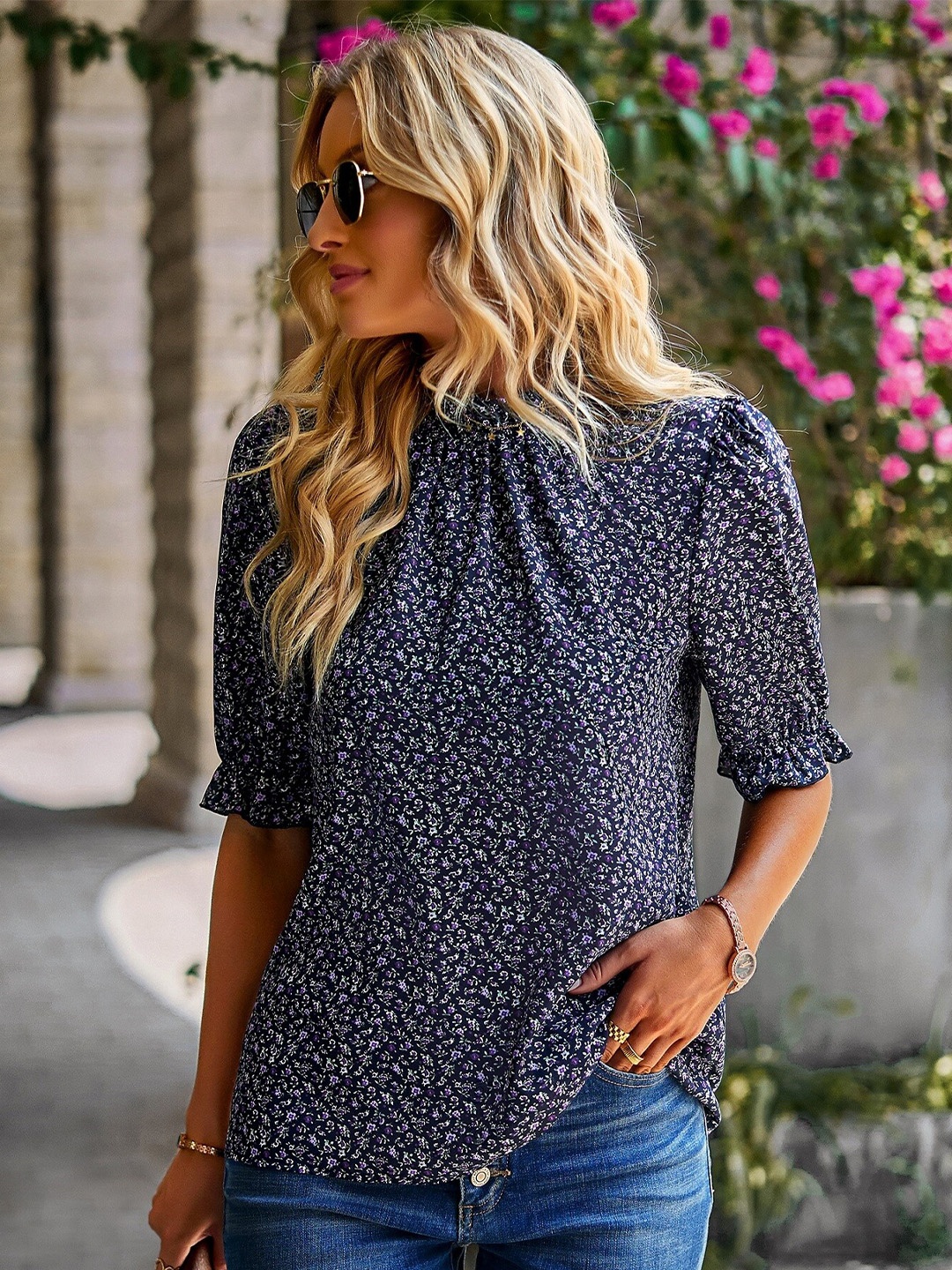 

StyleCast Black Print Mandarin Collar Top