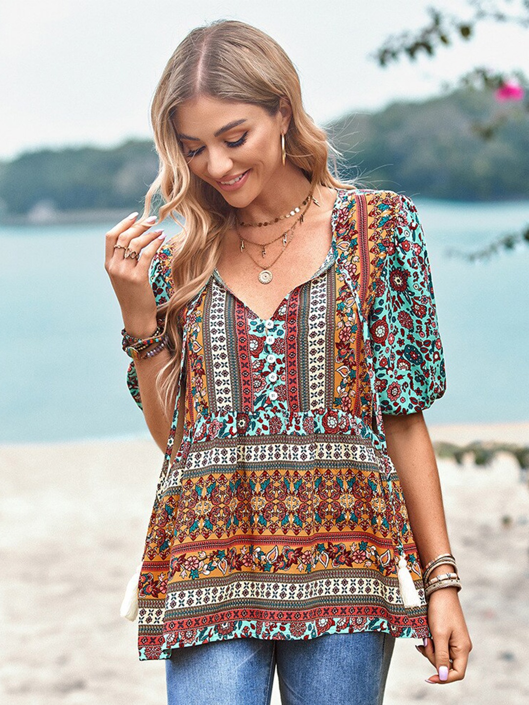

StyleCast Blue Print Top