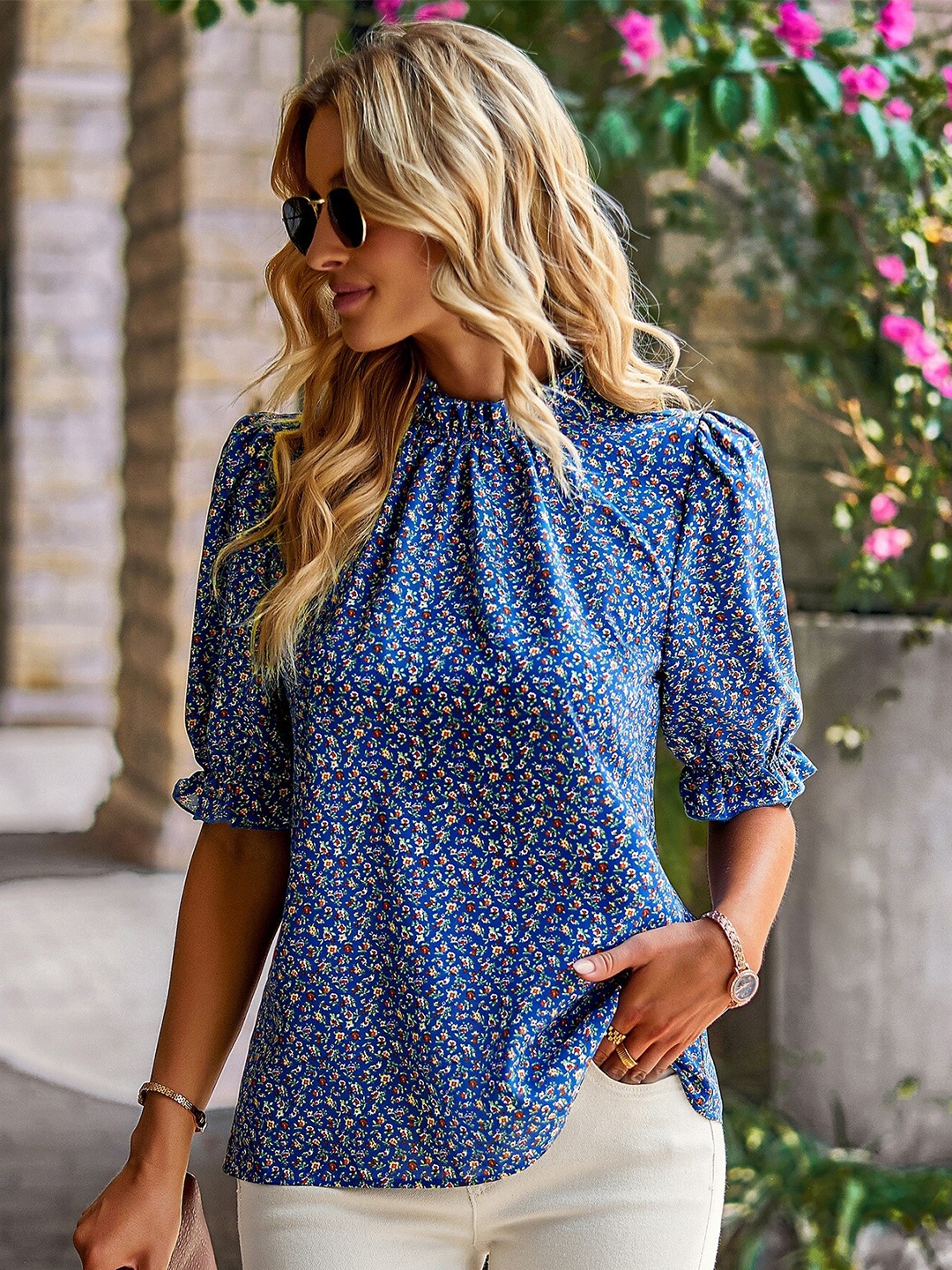

StyleCast Blue Print Mandarin Collar Roll-Up Sleeves Top