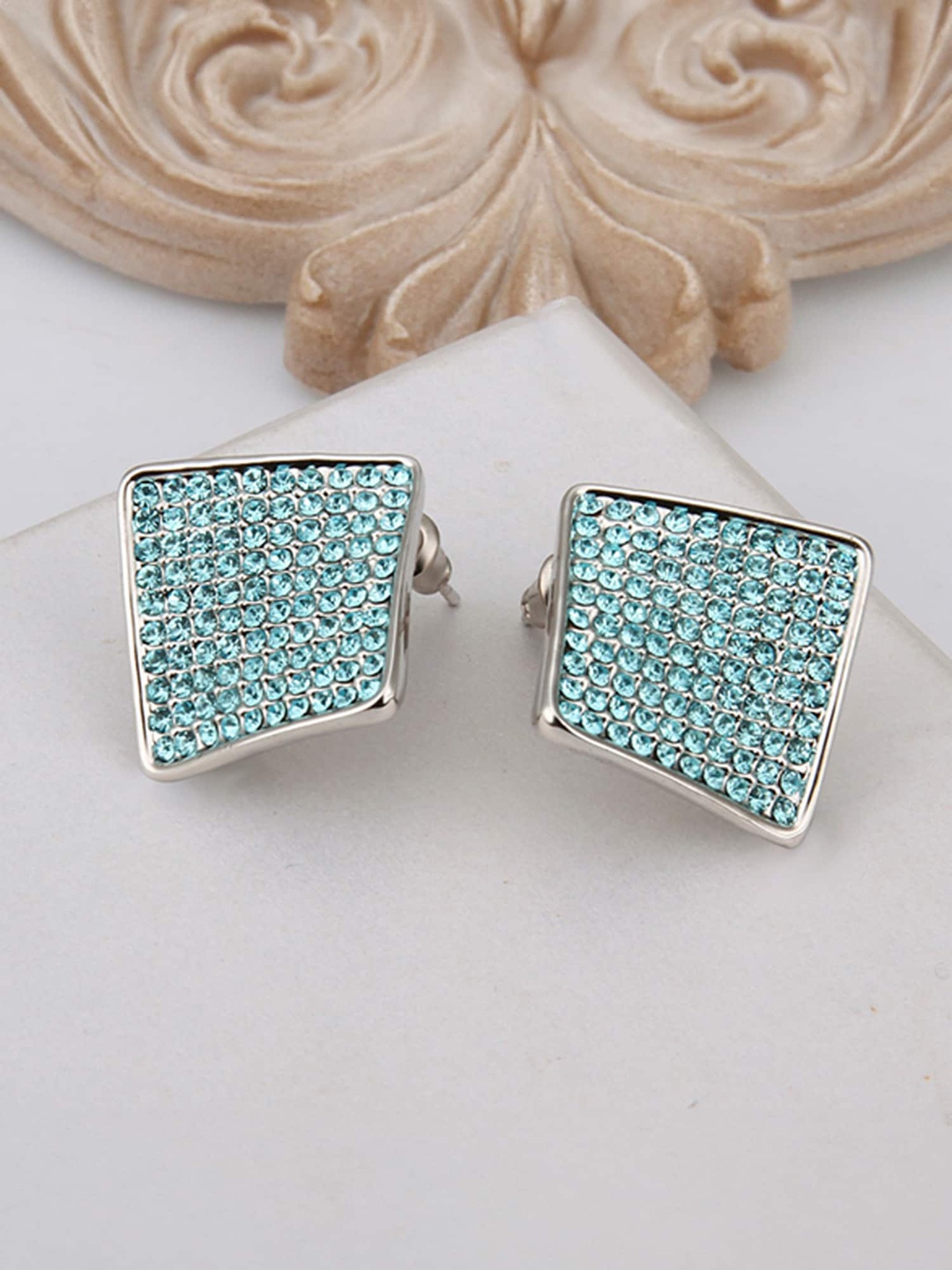 

Yellow Chimes Platinum Plated Crystals-Studded Contemporary Studs Earrings, Blue