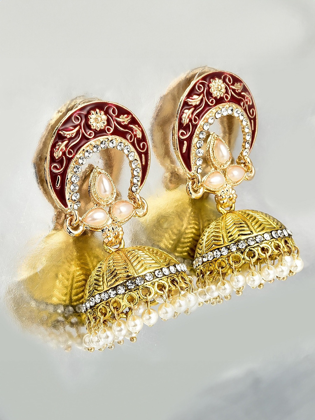 

Yellow Chimes Contemporary Meenakari Jhumkas Earrings, Red