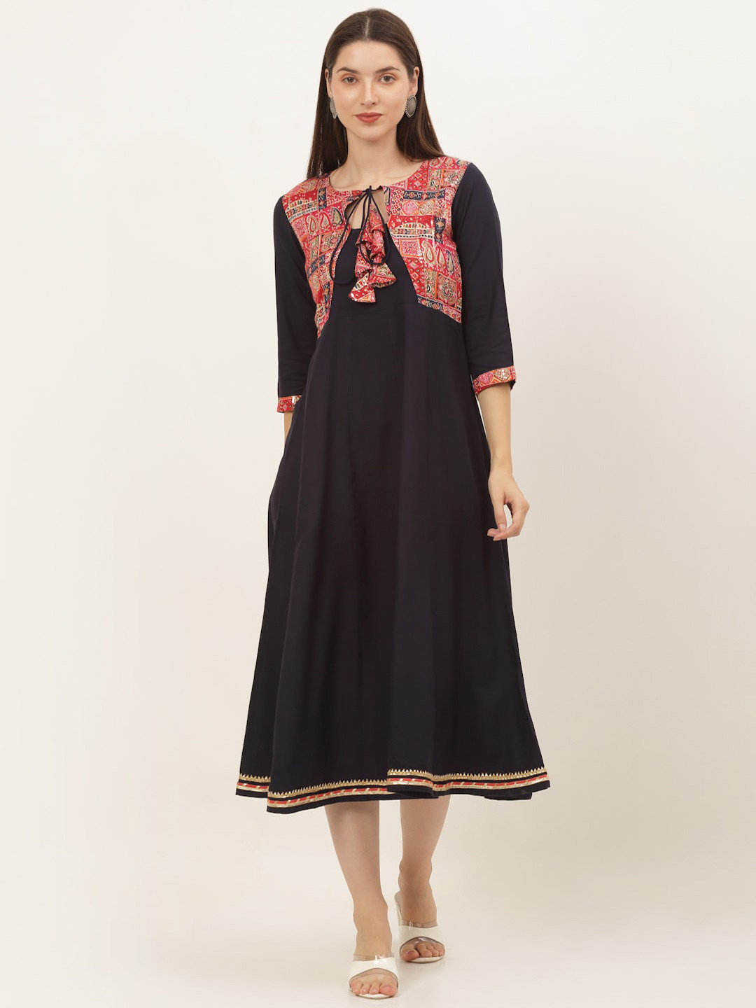

KALINI Navy Blue Tie-Up Neck Fit & Flare Midi Dress