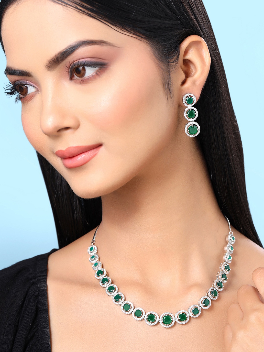 

Yellow Chimes Rhodium Plated American Diamond Studded Jewellery Set, Green