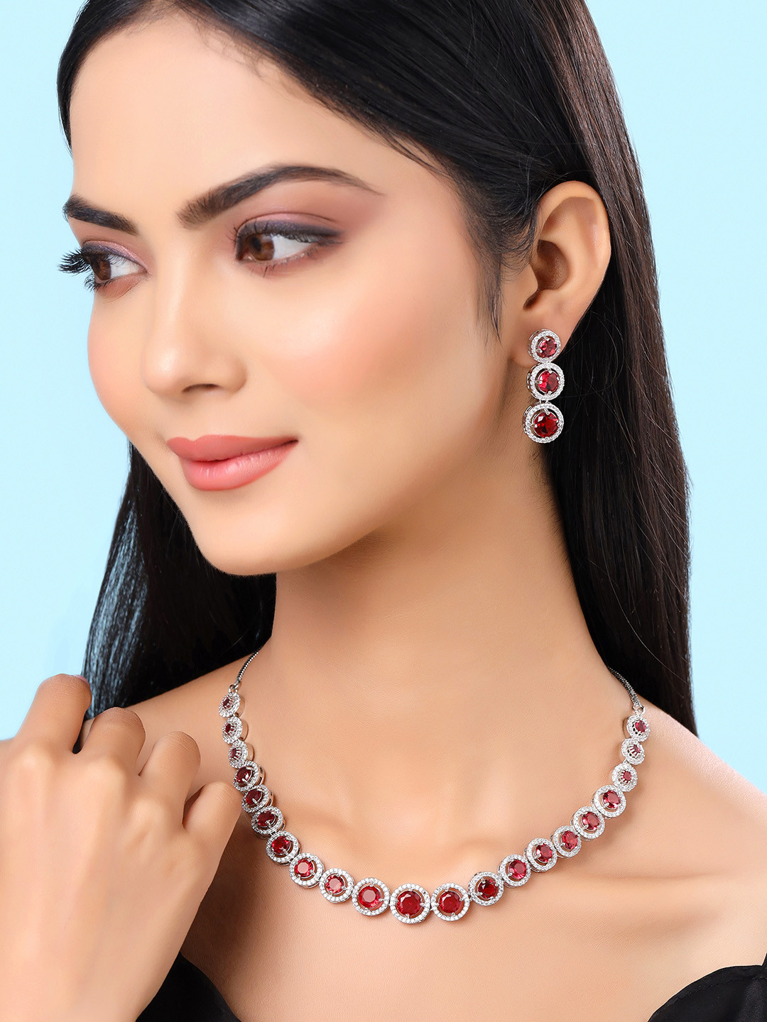 

Yellow Chimes Silver-Plated Stone-Studded Jewellery Set, Pink