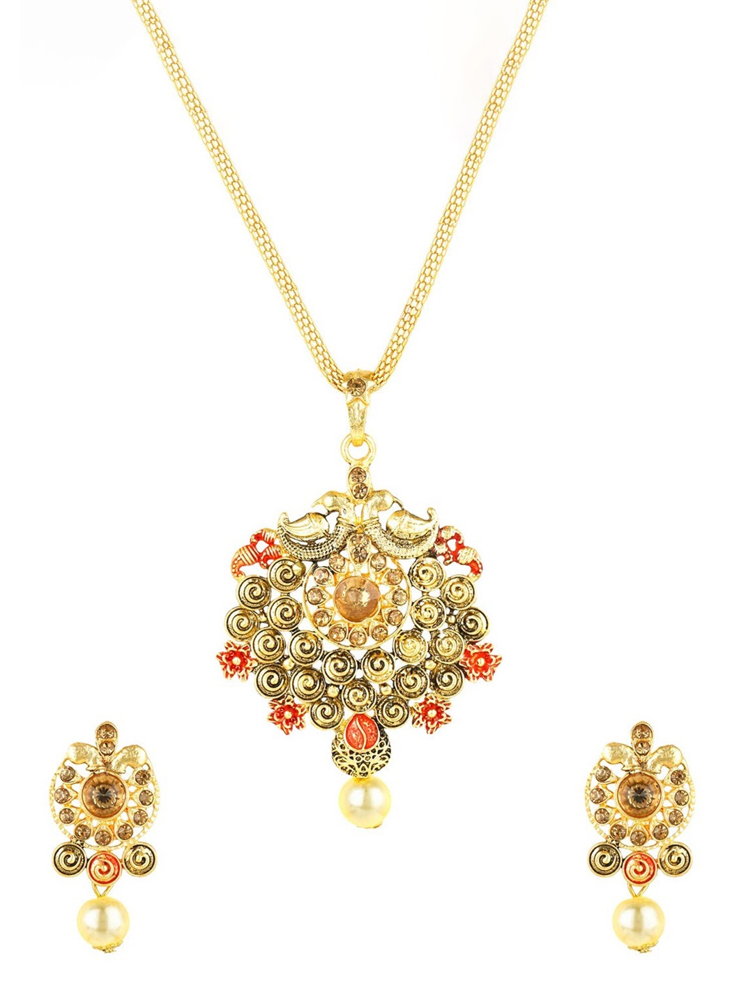 

Yellow Chimes Gold-Plated Peacock Design Meenakari Pendant Set