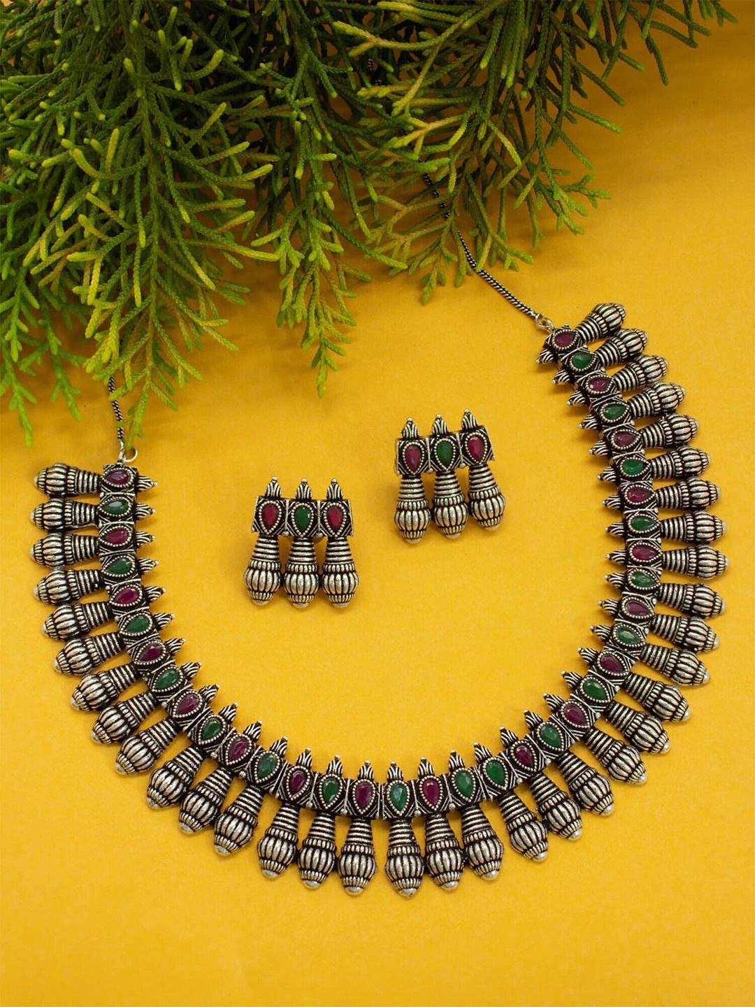 

Yellow Chimes Oxidised Silver-Plated Jewellery Set, Red