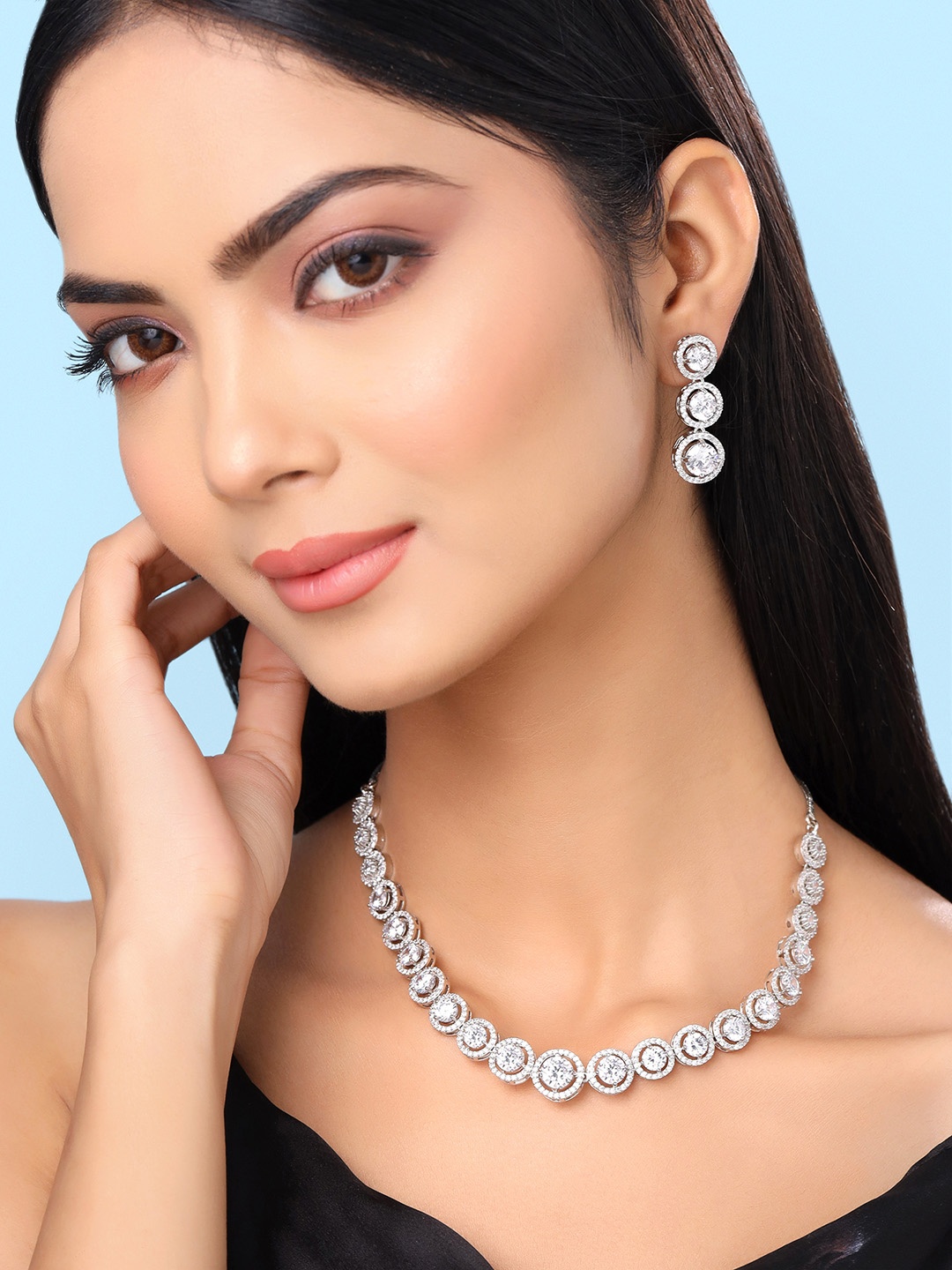 

Yellow Chimes Silver-Plated AD Stone-Studded Jewellery Set