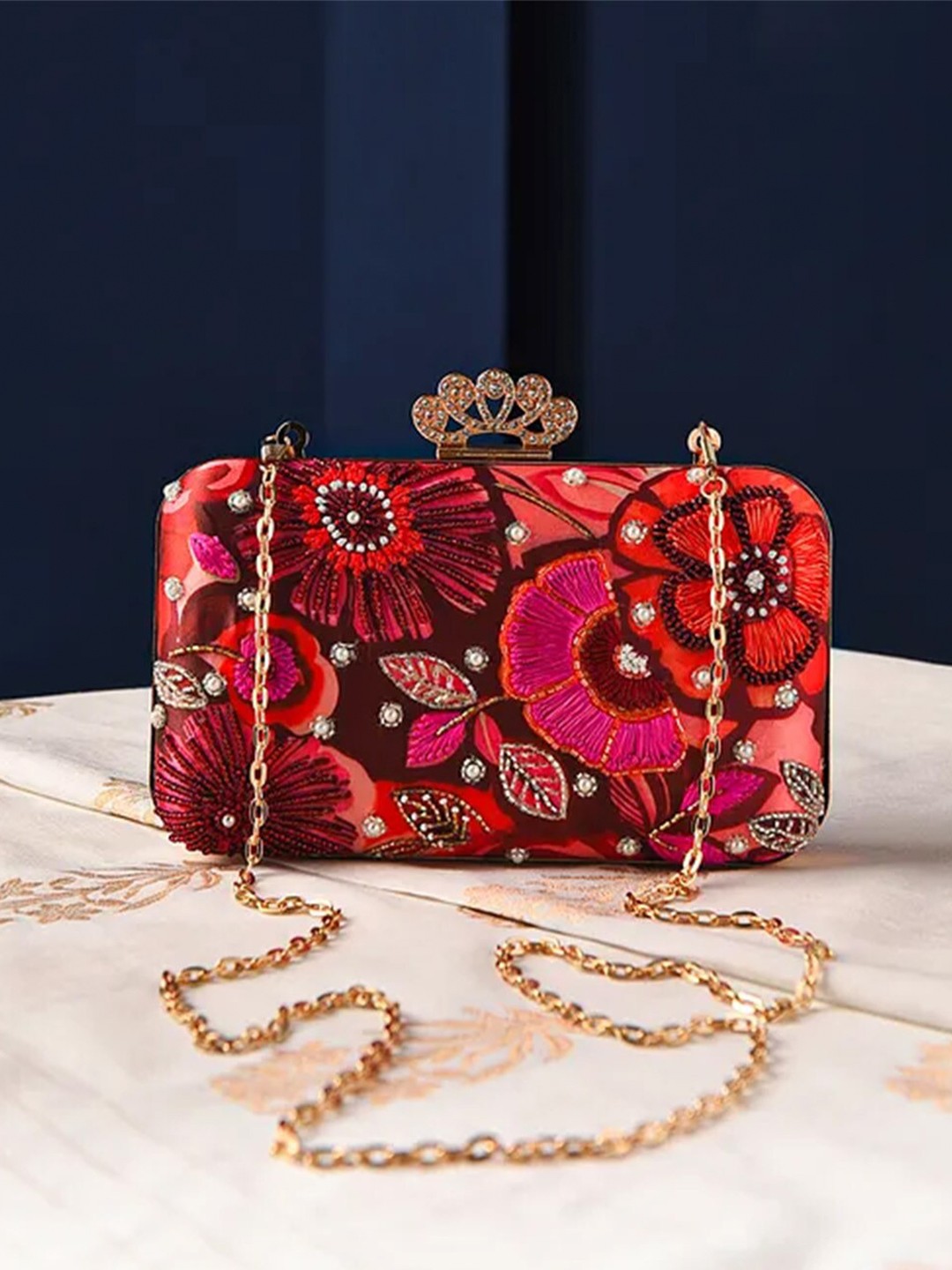 

Jalwa Art Floral Embroidered Box Clutch, Red