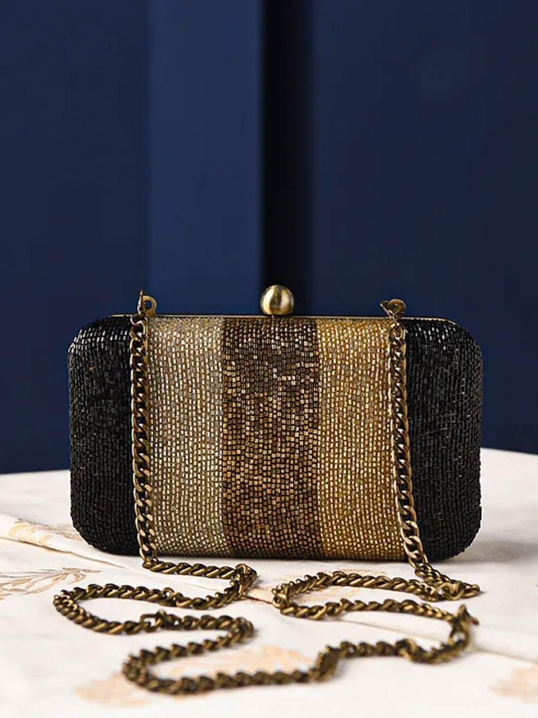 

Jalwa Art Black & Gold-Toned Embroidered Box Clutch