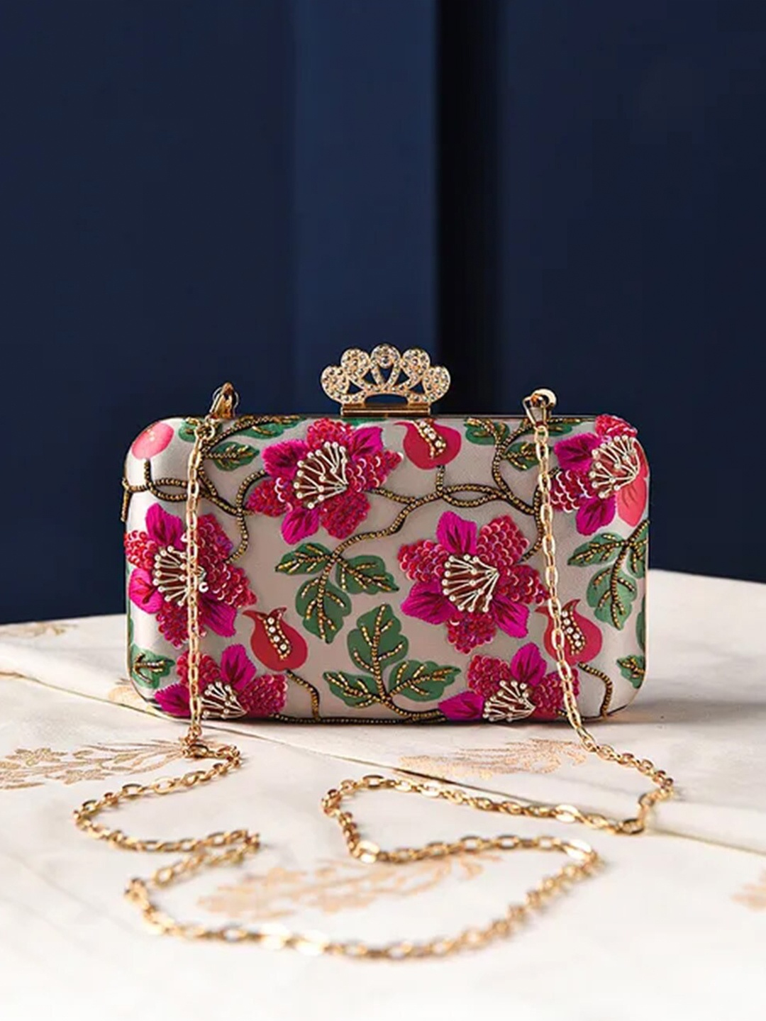 

Jalwa Art Floral Embroidered Box Clutch, White